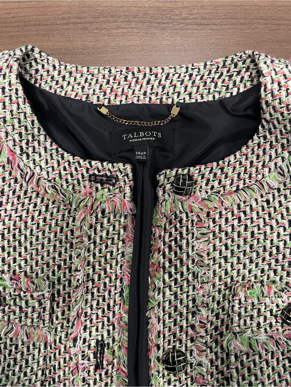 Talbots Pink & Green Tweed Fringe Blazer Jacket - Womens Petite size 14WP